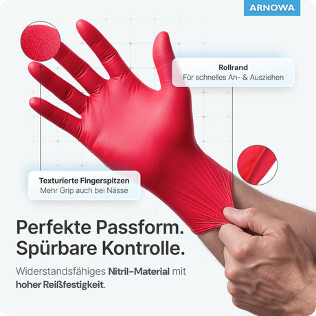 ARNOMED Einweghandschuhe Nitril Rot (Lava Red) mit texturierten Fingerspitzen für besseren Grip und perfekte Passform.