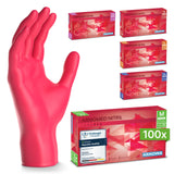 ARNOMED Einweghandschuhe Nitril Rot (Lava Red) in rosa, verpackt für medizinischen und gastronomischen Einsatz.
