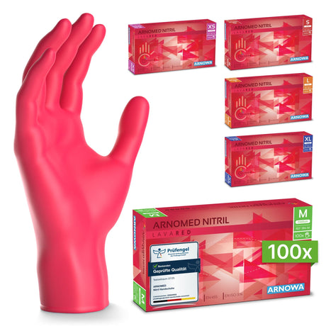 ARNOMED Einweghandschuhe Nitril Rot (Lava Red) in rosa, verpackt für medizinischen und gastronomischen Einsatz.