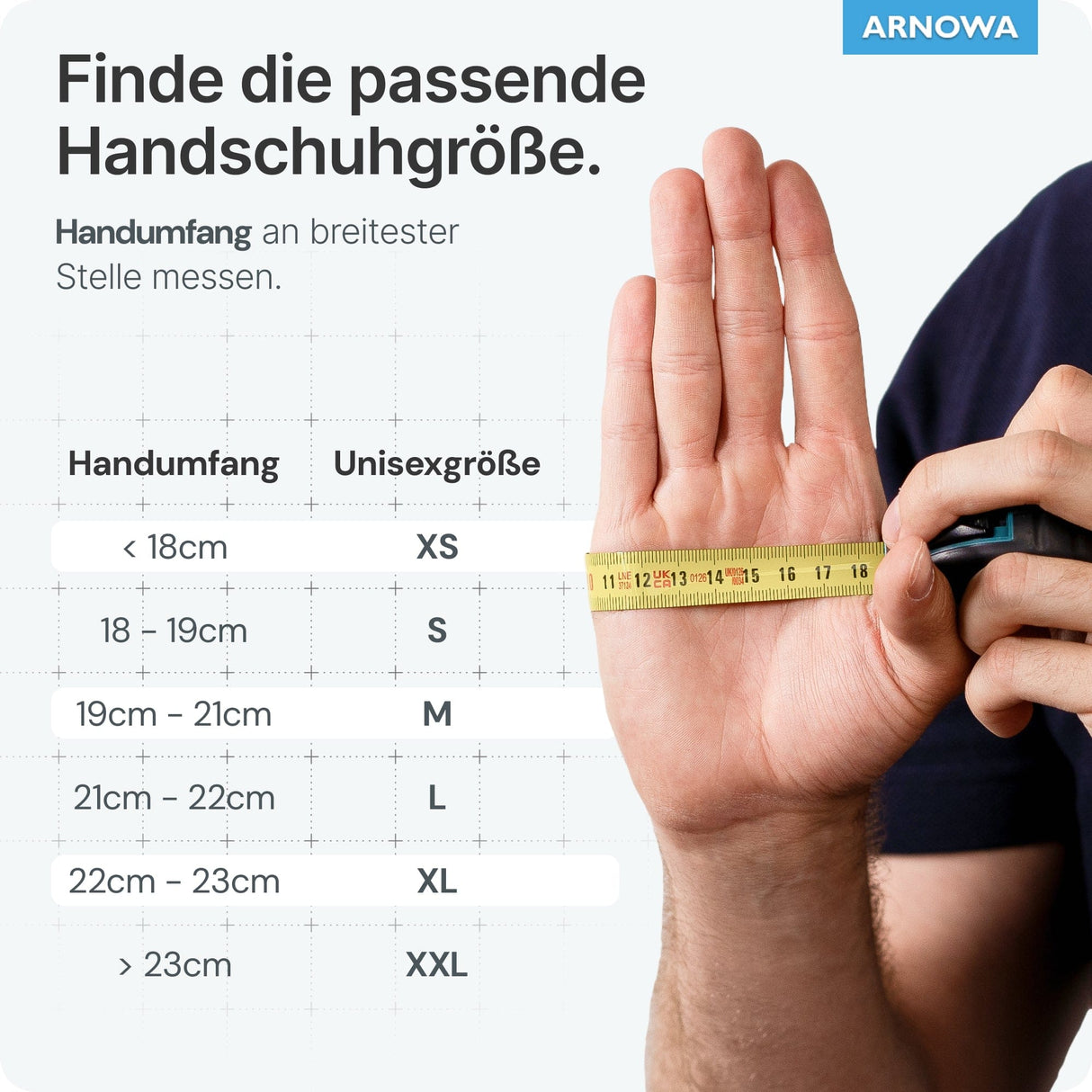 ARNOMED Einweghandschuhe Nitril Schwarz Größenanleitung mit Maßband in Hand.