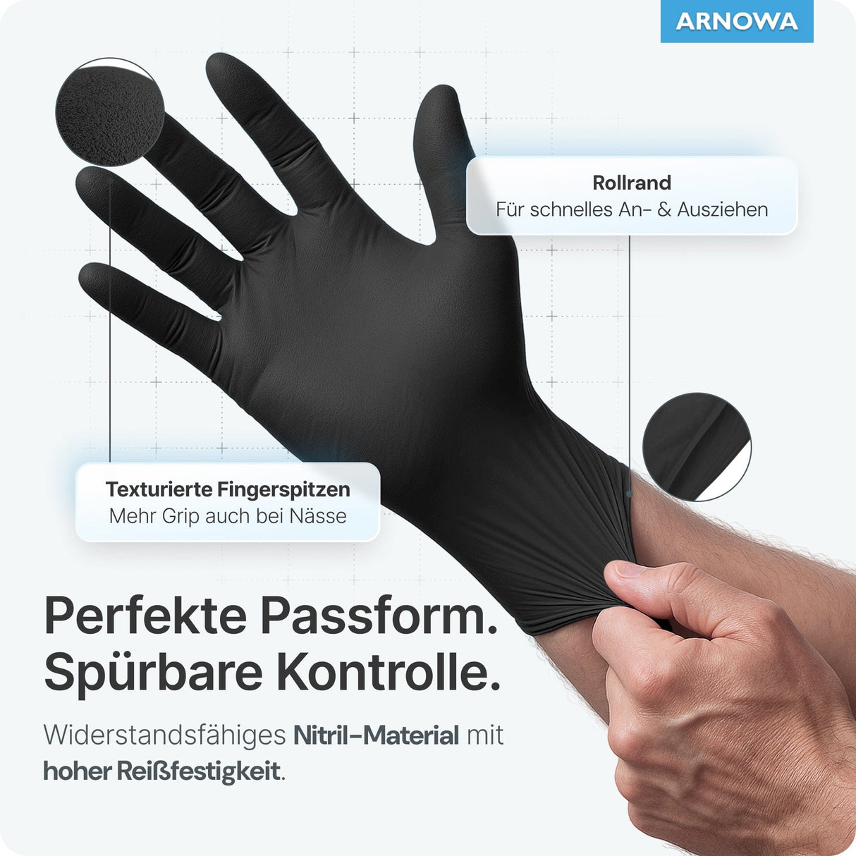 ARNOMED Einweghandschuhe Nitril Schwarz mit texturierten Fingerspitzen und Rollrand für hohen Tragekomfort.