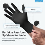 ARNOMED Einweghandschuhe Nitril Schwarz mit texturierten Fingerspitzen und Rollrand für hohen Tragekomfort.