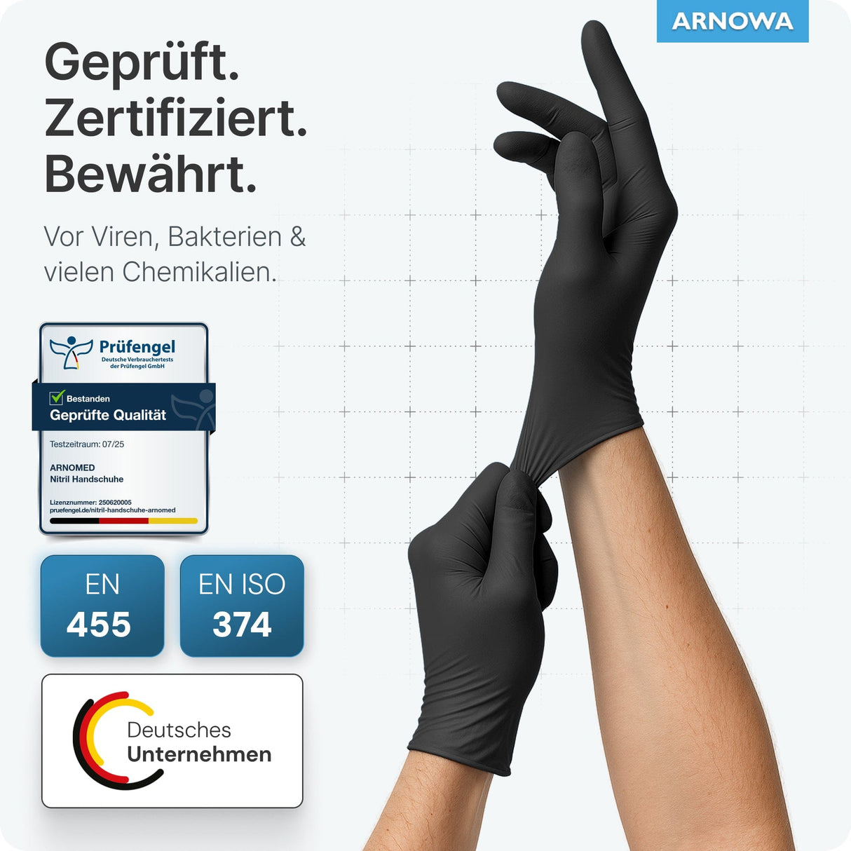 ARNOMED Einweghandschuhe Nitril Schwarz - geprüfter Schutz vor Viren und Bakterien, ideal für verschiedene Anwendungen.