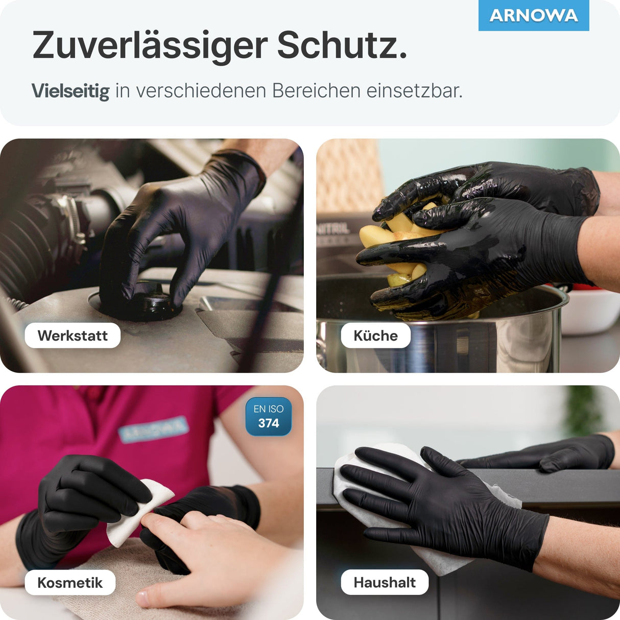 ARNOMED Einweghandschuhe Nitril Schwarz in verschiedenen Einsatzbereichen: Werkstatt, Küche, Kosmetik, Haushalt.