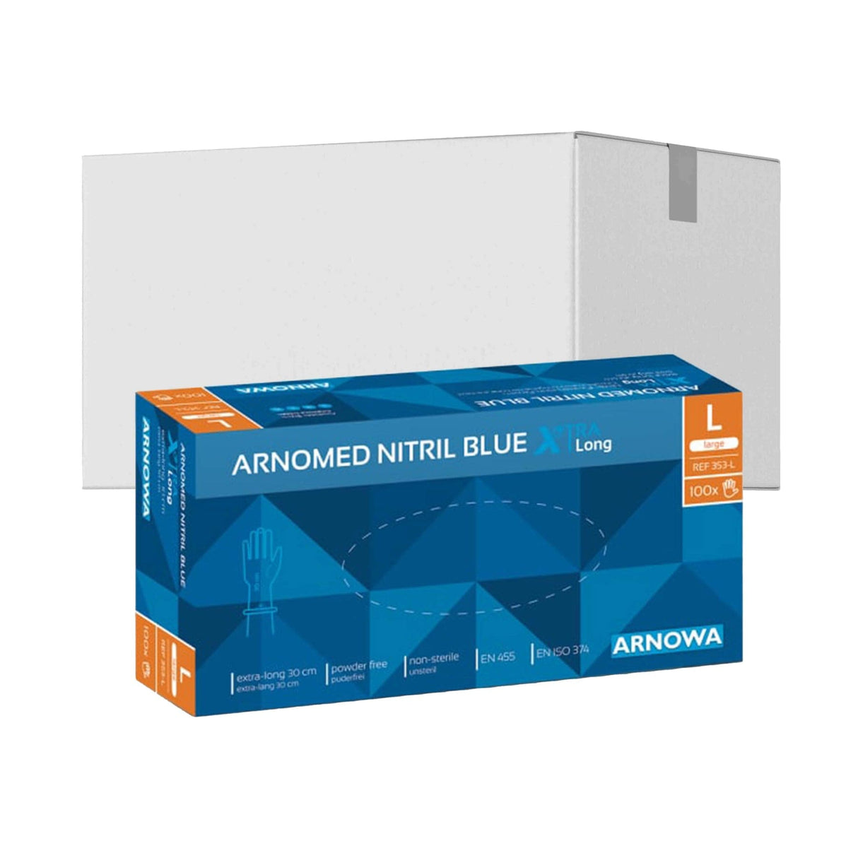 ARNOMED Nitril Blue XTRA LONG Einmalhandschuhe, puderfrei, blau 1 Karton (10 Packungen × 100 Stück), L