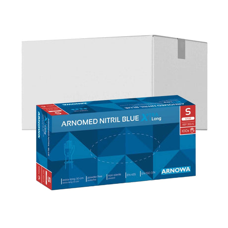 ARNOMED Nitril Blue XTRA LONG Einmalhandschuhe, puderfrei, blau 1 Karton (10 Packungen × 100 Stück), S