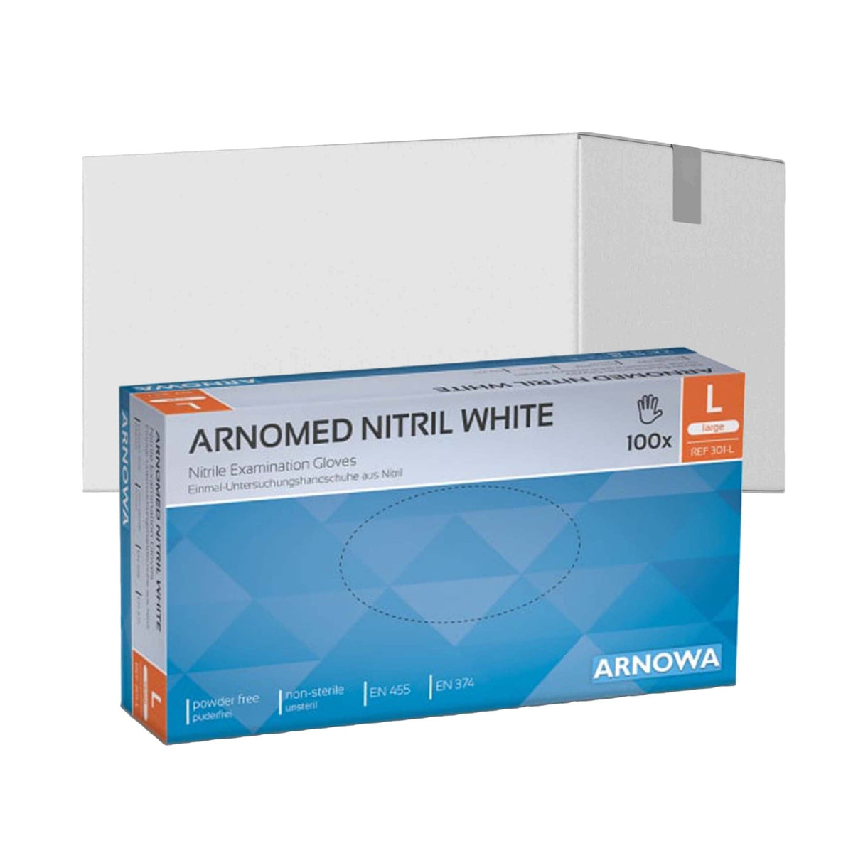 ARNOMED Nitril White Einmalhandschuhe, puderfrei, weiß L / Karton (10 Packungen × 100 Stück)