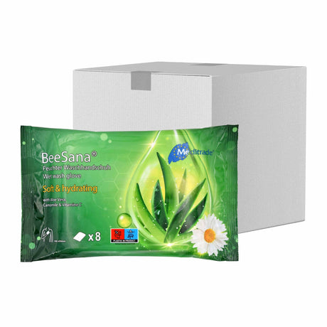 BeeSana® feuchter Waschhandschuh, gebrauchsfertig 1 Karton (24 Packungen × 8 Stück)