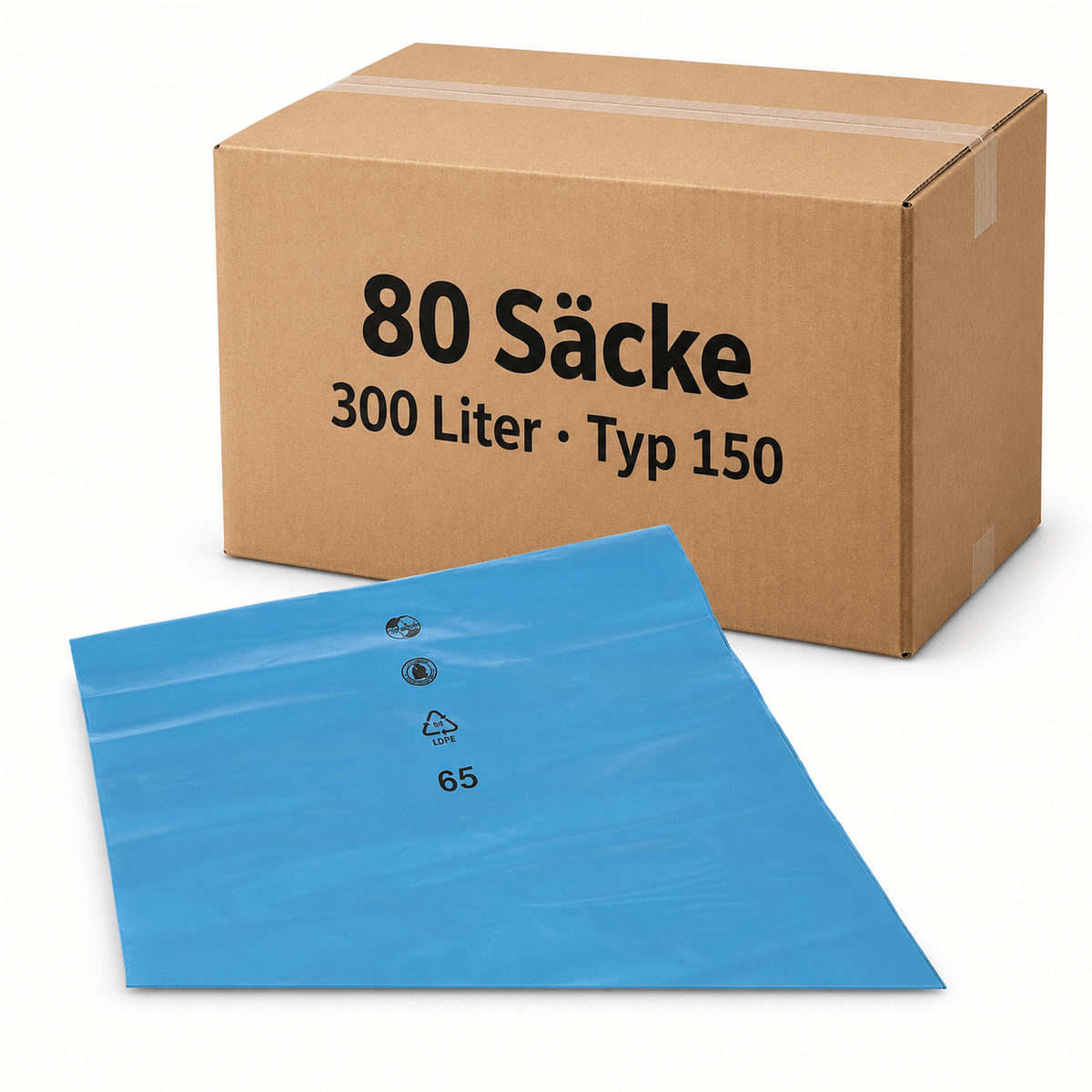 DEISS PREMIUM Abfallsack 300 Liter blau mit Seitenfalte, Typ 150 1 Karton = 80 Saecke