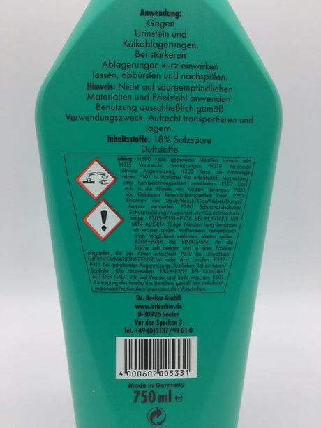 Dr. Becher Urinstein Entferner – Kraftvoll gegen hartnäckige Ablagerungen! – 750 ml Flasche Rückseite mit Inhaltsstoffen.