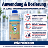Dr. Schnell ECOLUTION FOROL ULTRAHOCHKONZENTRAT – Anwendung: Original-Dosiertechnik: Nur mit Dr.-Schnell-System anwenden; 0,05–0,1 % dosieren: Mit kaltem, klarem Wasser ansetzen; Manuell oder maschinell: Holz, Kork und Laminat nur nebelfeucht.