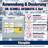 Dr. Schnell DESIMATIC-S 3in1 – Anwendung: Anschließen: Dosierpumpe nach Gerätehersteller-Vorgabe nutzen; Automatisch dosieren: Dosierung an die örtliche Wasserhärte anpassen; Einstellung prüfen: Abgabemenge durch Auslitern kontrollieren.