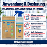Dr. Schnell ECOLUTION FOROL AKTIONSSET – Anwendung: Lösung ansetzen: 1 Stick auf 500 ml kaltes Wasser; Fest verschließen: 30–45 Sekunden kräftig schütteln; Aufs Tuch geben: Vollständig auflösen lassen, dann reinigen.