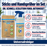 Dr. Schnell ECOLUTION FOROL AKTIONSSET – Vorteile: Im Set enthalten: 20 Sticks + 500-ml-Handsprühflasche; Einfach portionieren: 1 Stick ergibt 500 ml Lösung; Wasserfeste Oberflächen: Für die tägliche Unterhaltsreinigung.