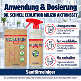 Dr. Schnell ECOLUTION MILIZID AKTIONSSET – Anwendung: Lösung ansetzen: 1 Stick auf 500 ml kaltes Wasser; Fest verschließen: 30–45 Sekunden, vollständig auflösen lassen; Klar nachspülen: Fugen vorwässern, WC-Sitz hochklappen.