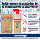 Dr. Schnell ECOLUTION MILIZID AKTIONSSET – Vorteile: Im Set enthalten: 20 Sticks + 500-ml-Handsprühflasche; Gegen Kalk und Urinstein: Für säurebeständige Sanitärflächen; Einfach portionieren: 1 Stick ergibt 500 ml Lösung.