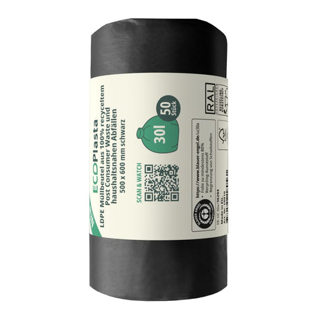 ECOPlasta Müllbeutel 30 L, schwarz, 14 my 1 Rolle = 50 Stück