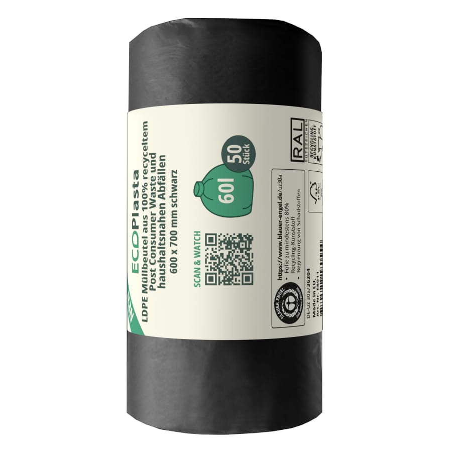 ECOPlasta Müllbeutel 60 L, schwarz, 14 my 1 Rolle = 50 Stück