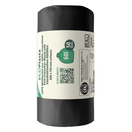ECOPlasta Müllbeutel 60 L, schwarz, 14 my 1 Rolle = 50 Stück