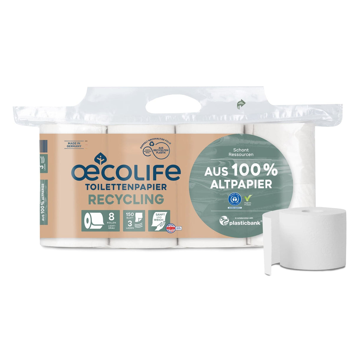 Fripa oecolife Toilettenpapier, RECYLING, 3-lagig, weiß 1 Palette = 22 Pakete à 7 Packungen à 8 x 150 Blatt
