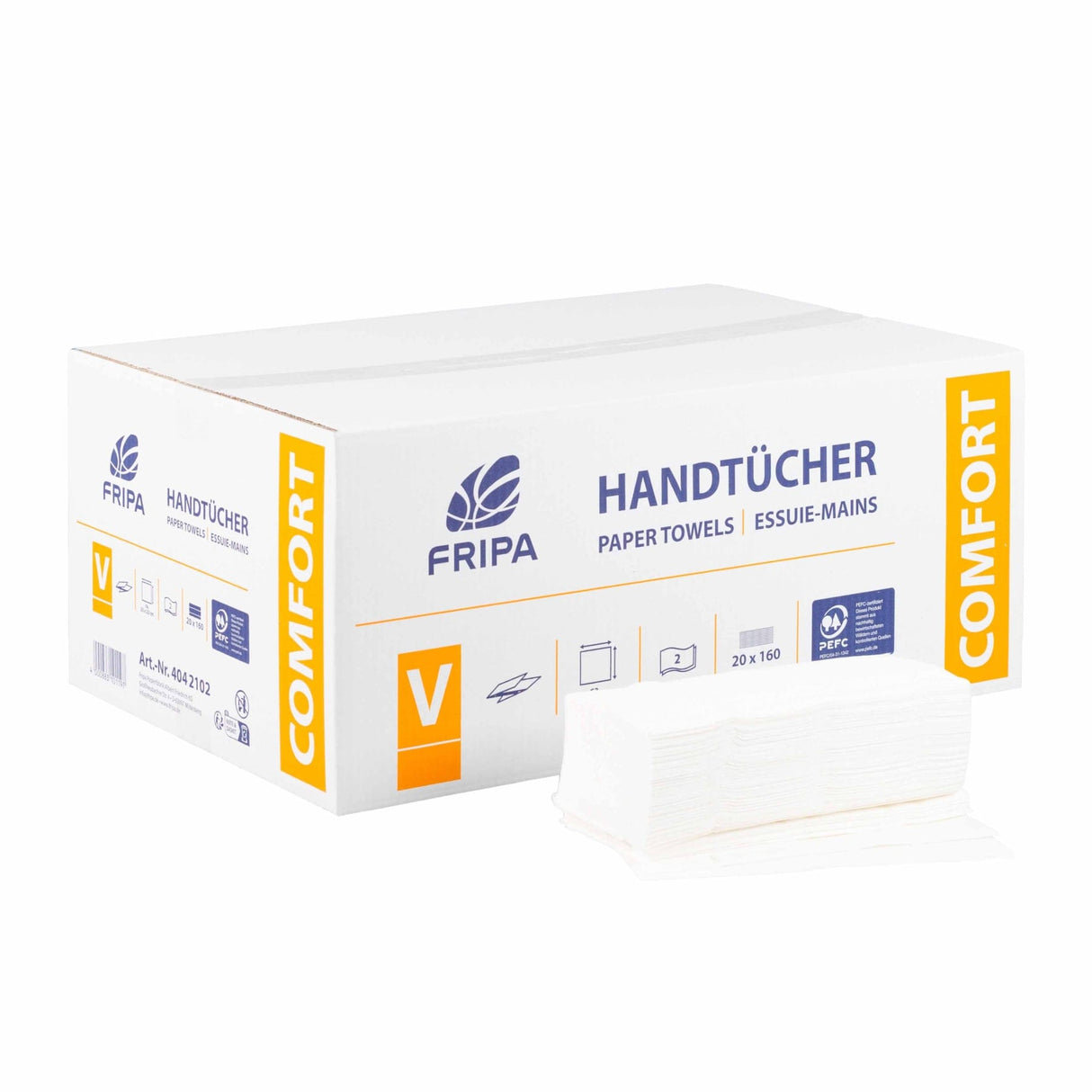 Fripa Papierhandtücher COMFORT, V-Falz, 25 x 23 cm 1 Karton = 20 Packungen à 160 Blatt = 3200 Blatt
