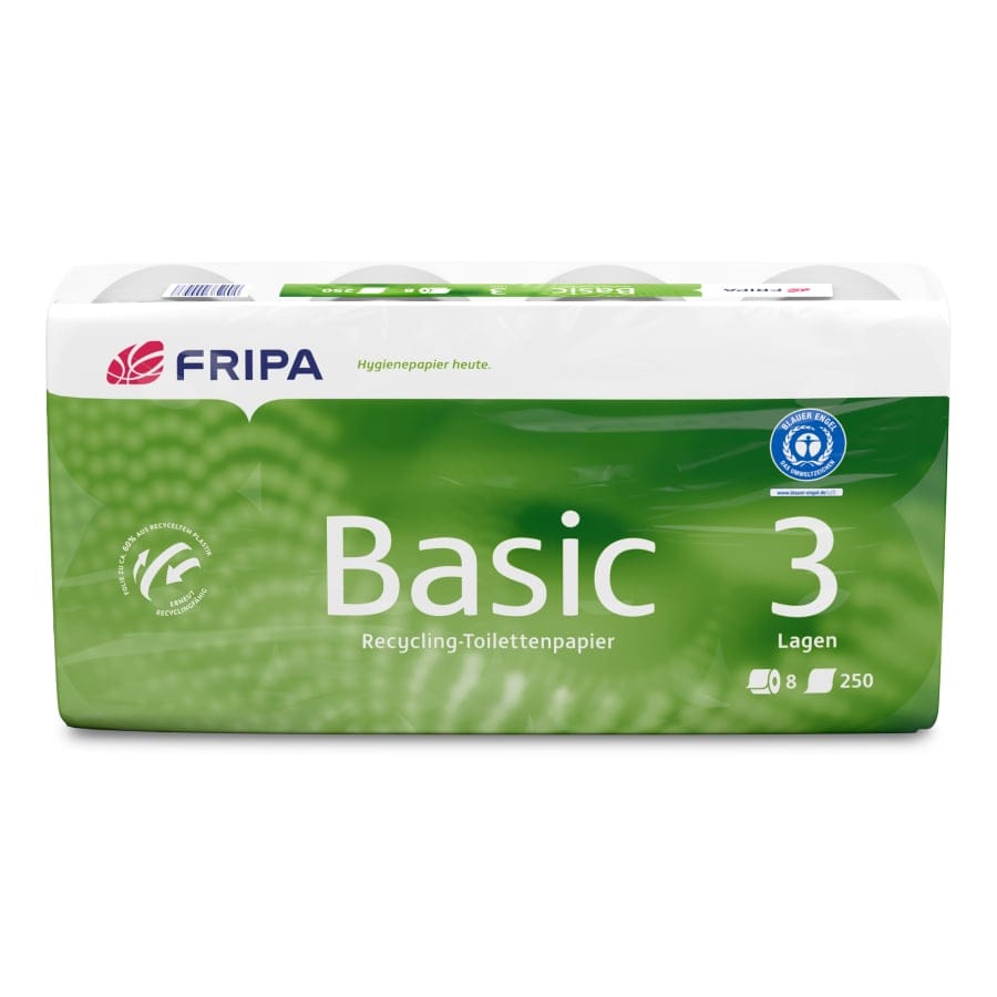Fripa Toilettenpapier Basic, 3-lagig, recycelt 1 Palette = 22 Pakete à 6 Packungen à 8 x 250 Blatt