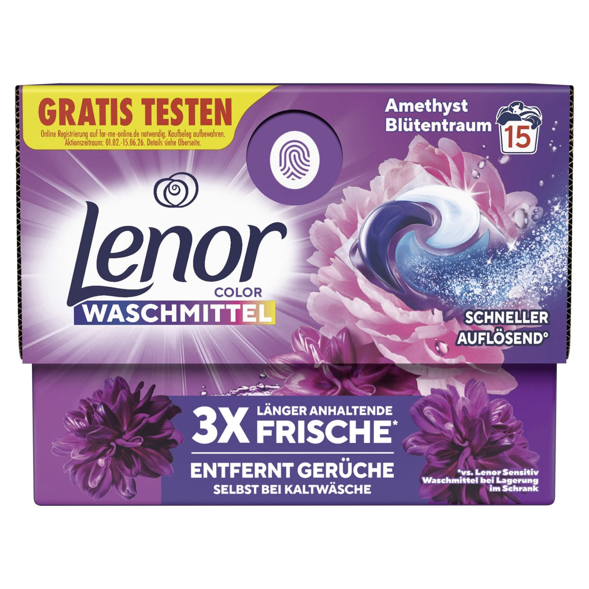 Lenor All in 1 PODS Colorwaschmittel Amethyst Blütentraum 1 Karton (15 Stück × 7 g)