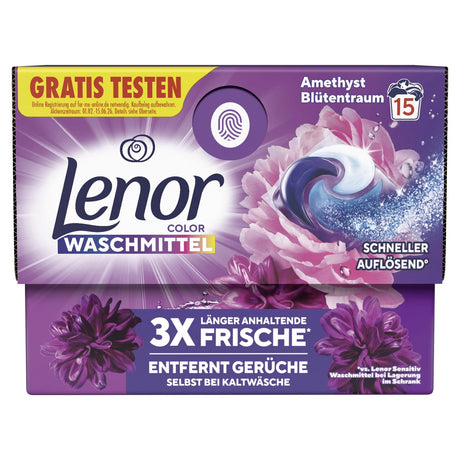 Lenor All in 1 PODS Colorwaschmittel Amethyst Blütentraum 1 Karton (15 Stück × 7 g)