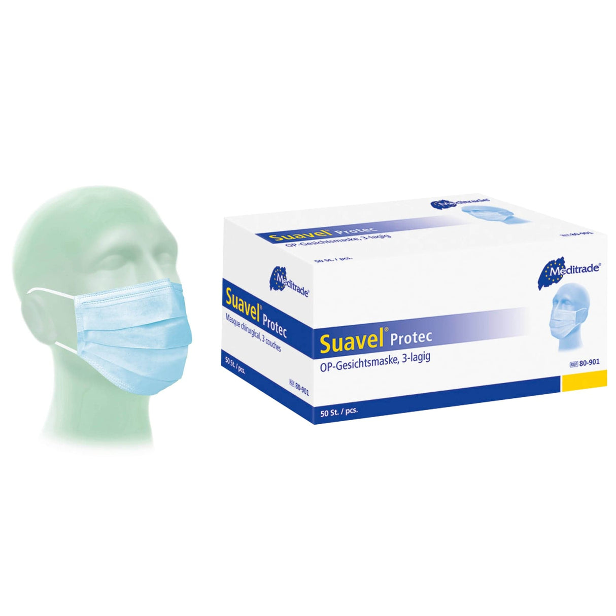 Meditrade Suavel® Protec medizinischer Einmalmundschutz 1 Karton (20 Packungen × 50 Stück × 000 Stück), Blau