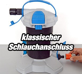 Klassischer Schlauchanschluss an einem Gartenschlauchadapter, mit einer Hand, die den Anschluss zeigt.