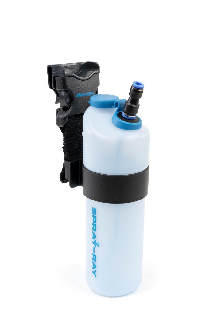 Moerman Spray Ray Reinigungssprühsystem mit ergonomischer Flasche und Halterung für Fensterreinigung.