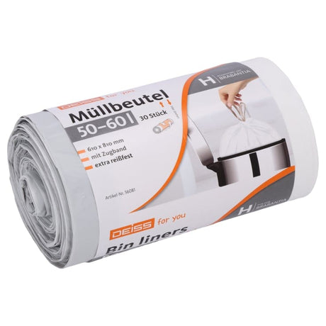 DEISS FOR YOU Müllbeutel 50-60 L mit grauem Zugband aus HDPE 1 Rolle = 30 Stück