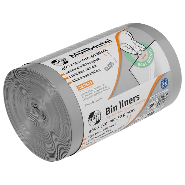 DEISS FIRST PLUS pcr Müllsack, 18 Liter, grau, Blauer Engel 1 Karton = 25 Rollen