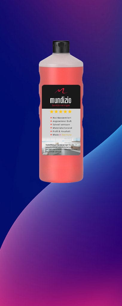 Flasche Mundizio Reinigungsmittel auf blauem und violettem Hintergrund.