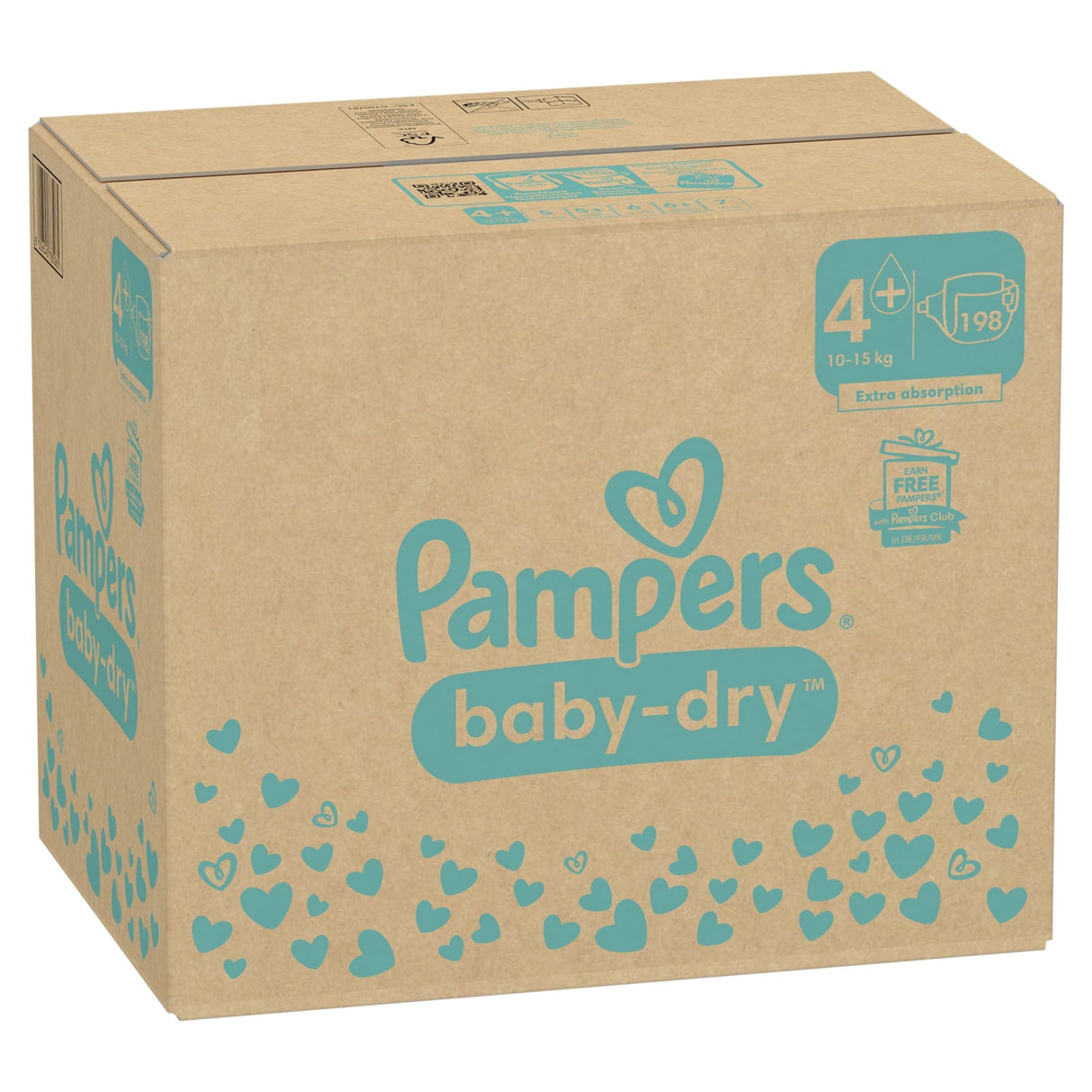 Pampers Baby Dry 4+ Maxi Plus Windeln, 10-15 kg 1 Monatsbox = 198 Windeln