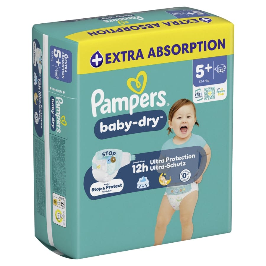 Pampers Baby Dry 5+ Junior Plus Windeln, 12-17 kg 1 Single Packung = 25 Windeln