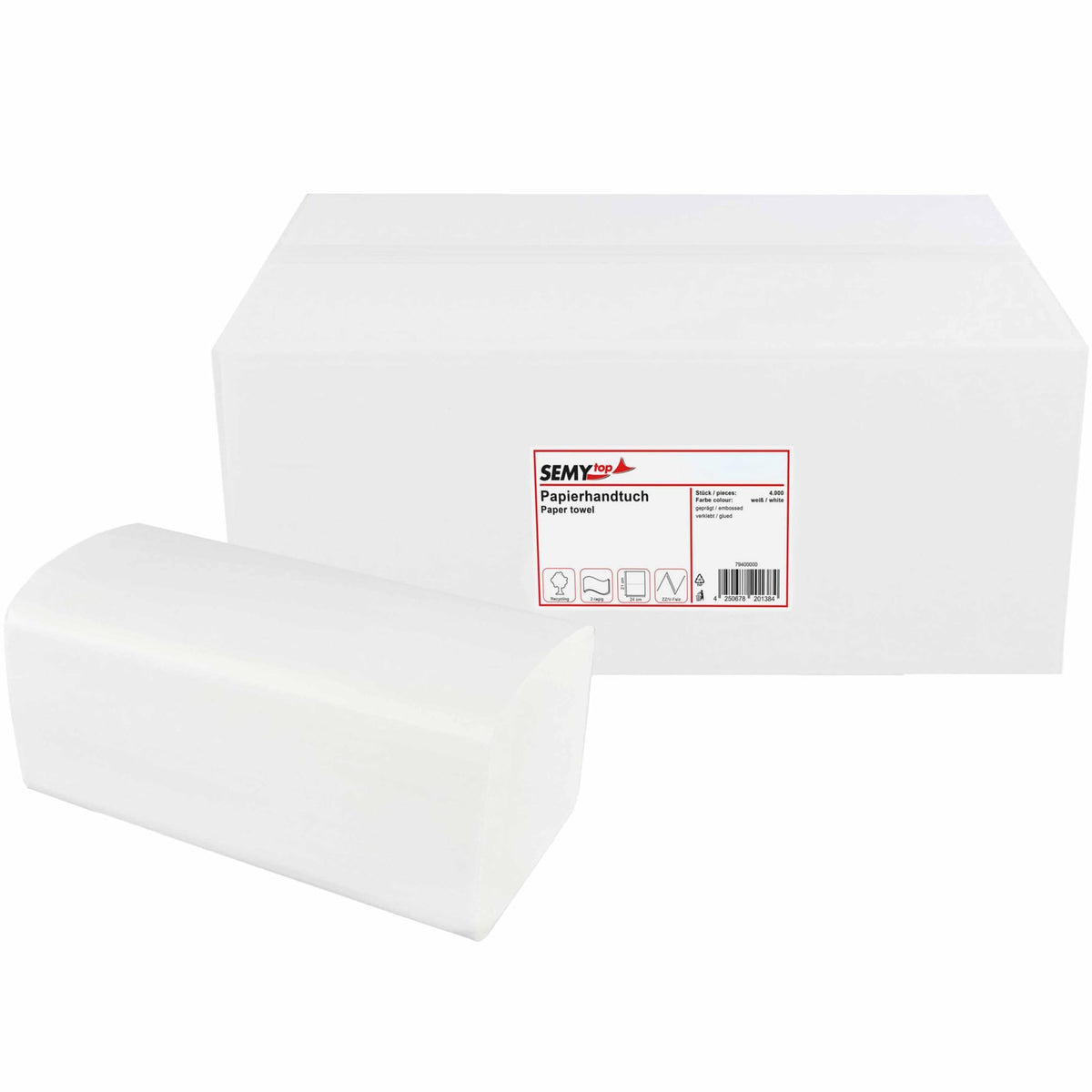 Papierhandtücher, 24 x 21 cm, 2- lagig, V-Falz 20× 200 Blatt 4 000 Blatt Weiß