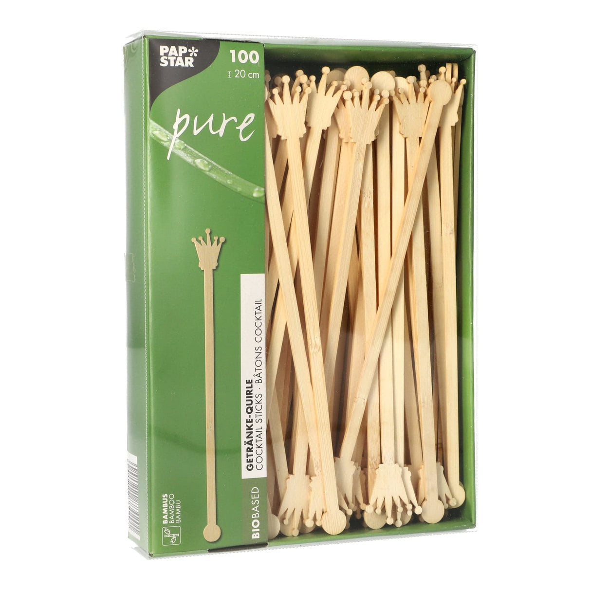Papstar Pure Bambus Getränke-Quirle, Crown, 20 cm 1 Karton (10 Packungen × 100 Stück)