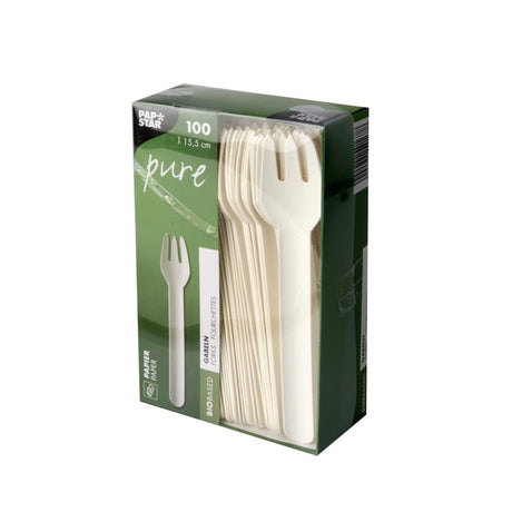 Papstar Pure Papier Gabeln, 15,5 cm, weiß 1 Karton (10 Packungen × 100 Stück)