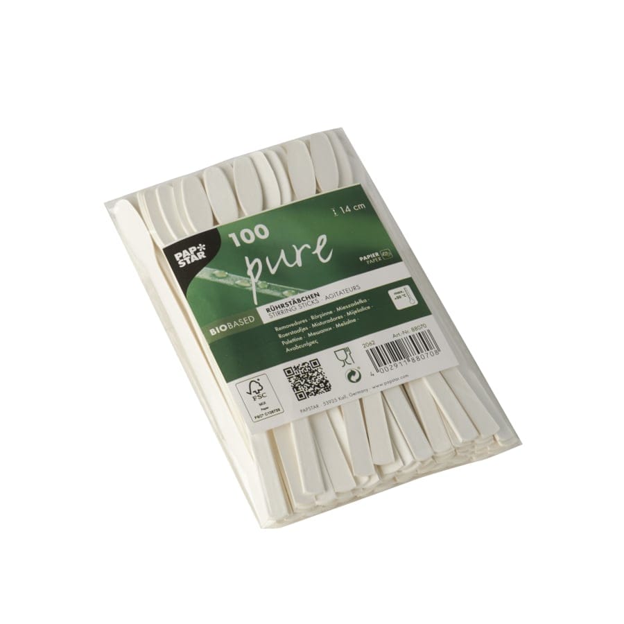Papstar Pure Papier Rührstäbchen, weiß 1 Karton (30 Packungen × 100 Stück), ø 14 cm