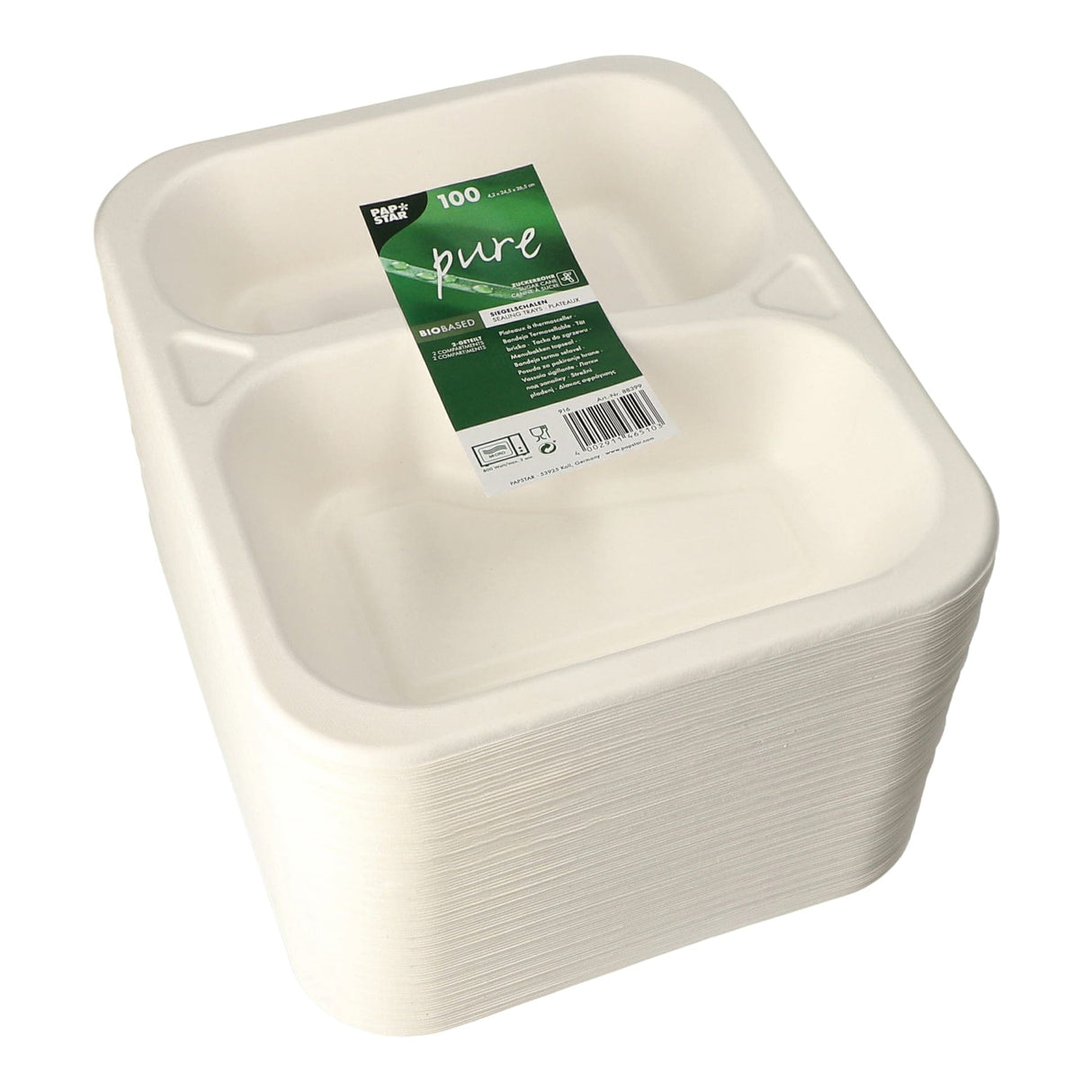 PAPSTAR Pure Siegelschalen Zuckerrohr-Schale, 1000 ml, 2-geteilt