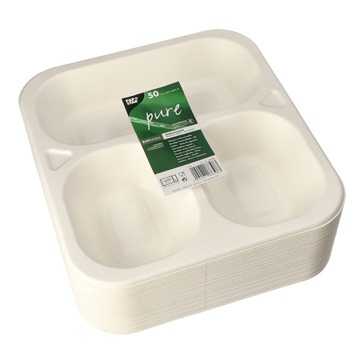 PAPSTAR Pure Siegelschalen Zuckerrohr-Schale, 1350 ml, 3-geteilt