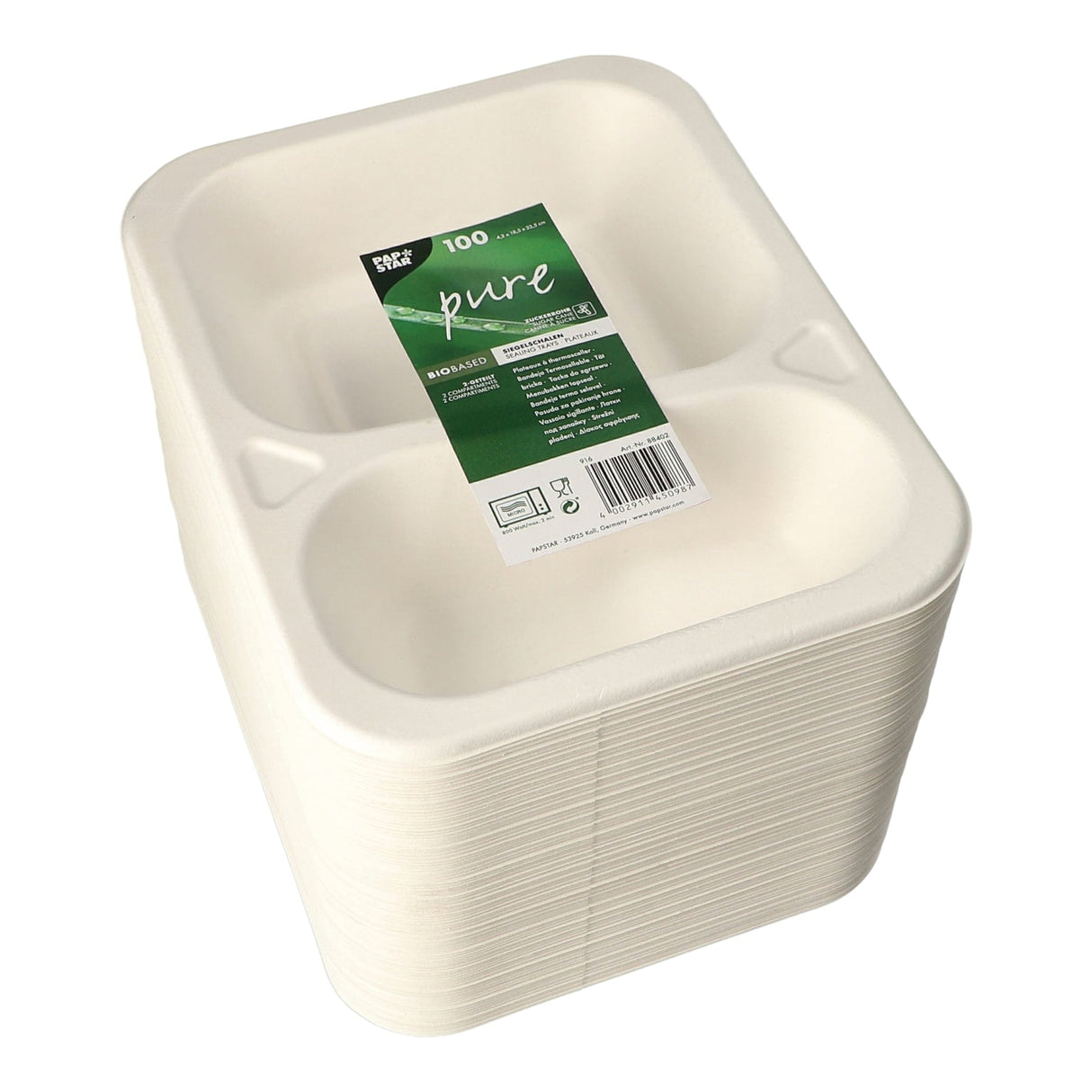 PAPSTAR Pure Siegelschalen Zuckerrohr-Schale, 725 ml, 2-geteilt