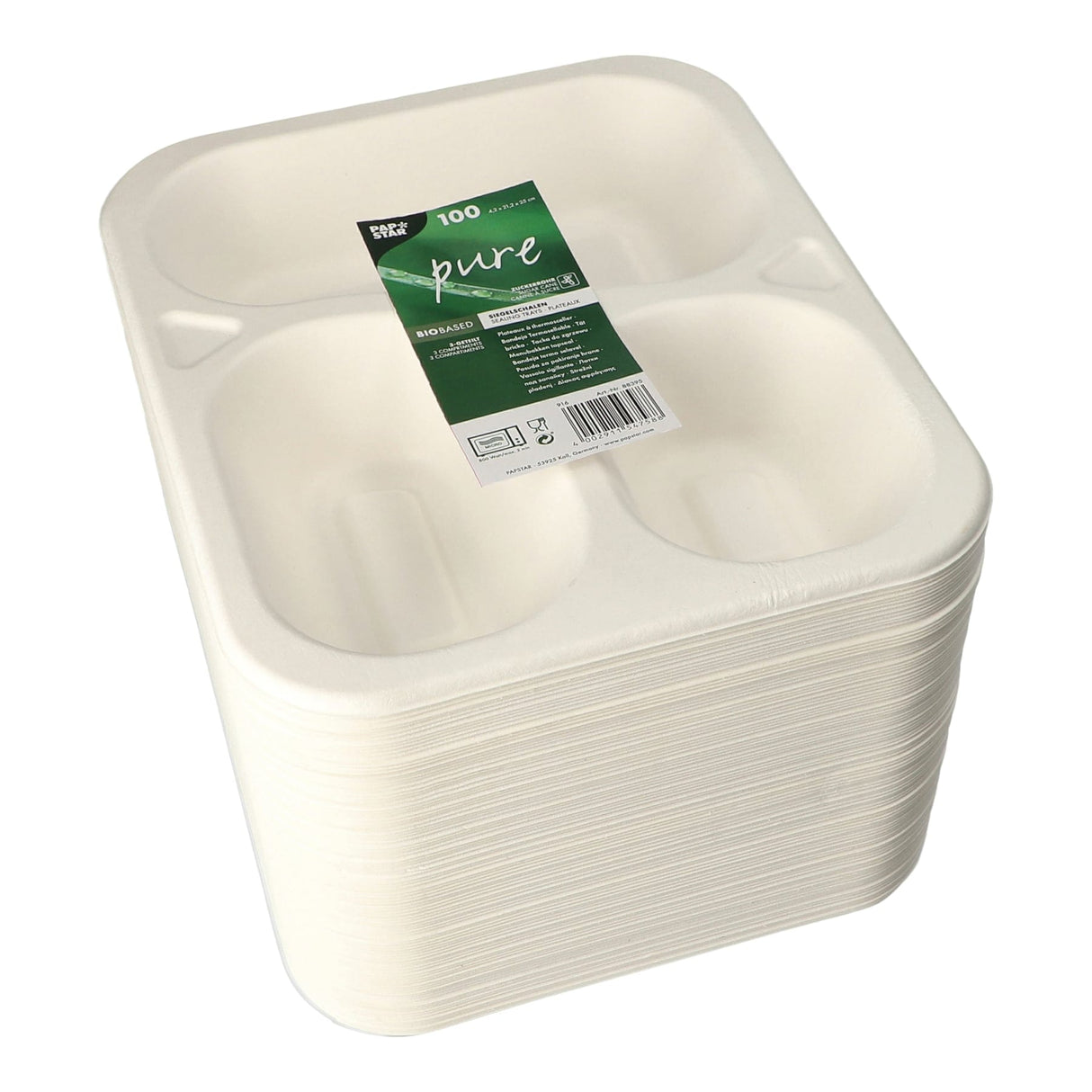 PAPSTAR Pure Siegelschalen Zuckerrohr-Schale, 925 ml, 3-geteilt