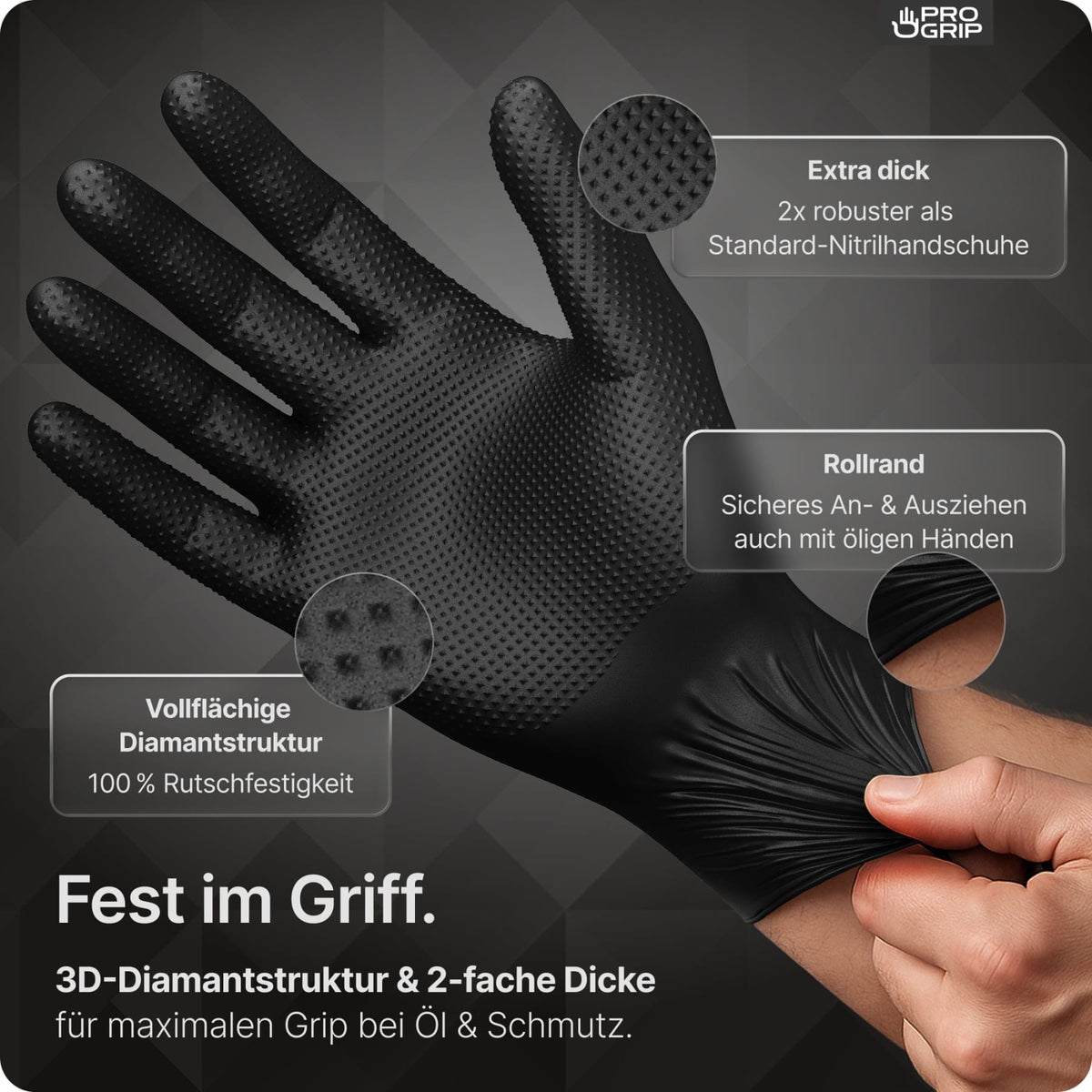 PROGRIP Nitril Diamond Black Einmalhandschuhe, puderfrei, schwarz