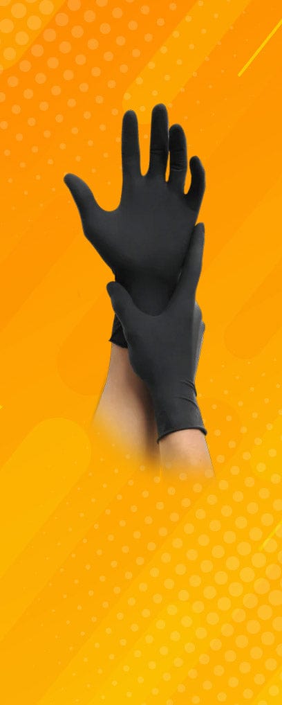 Banner in Orange mit schwarzen Einweghandschuhen