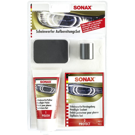 SONAX Scheinwerfer Aufbereitungsset, 2-teilig – 1 Set für 2 Anwendungen à je 2 Scheinwerfer