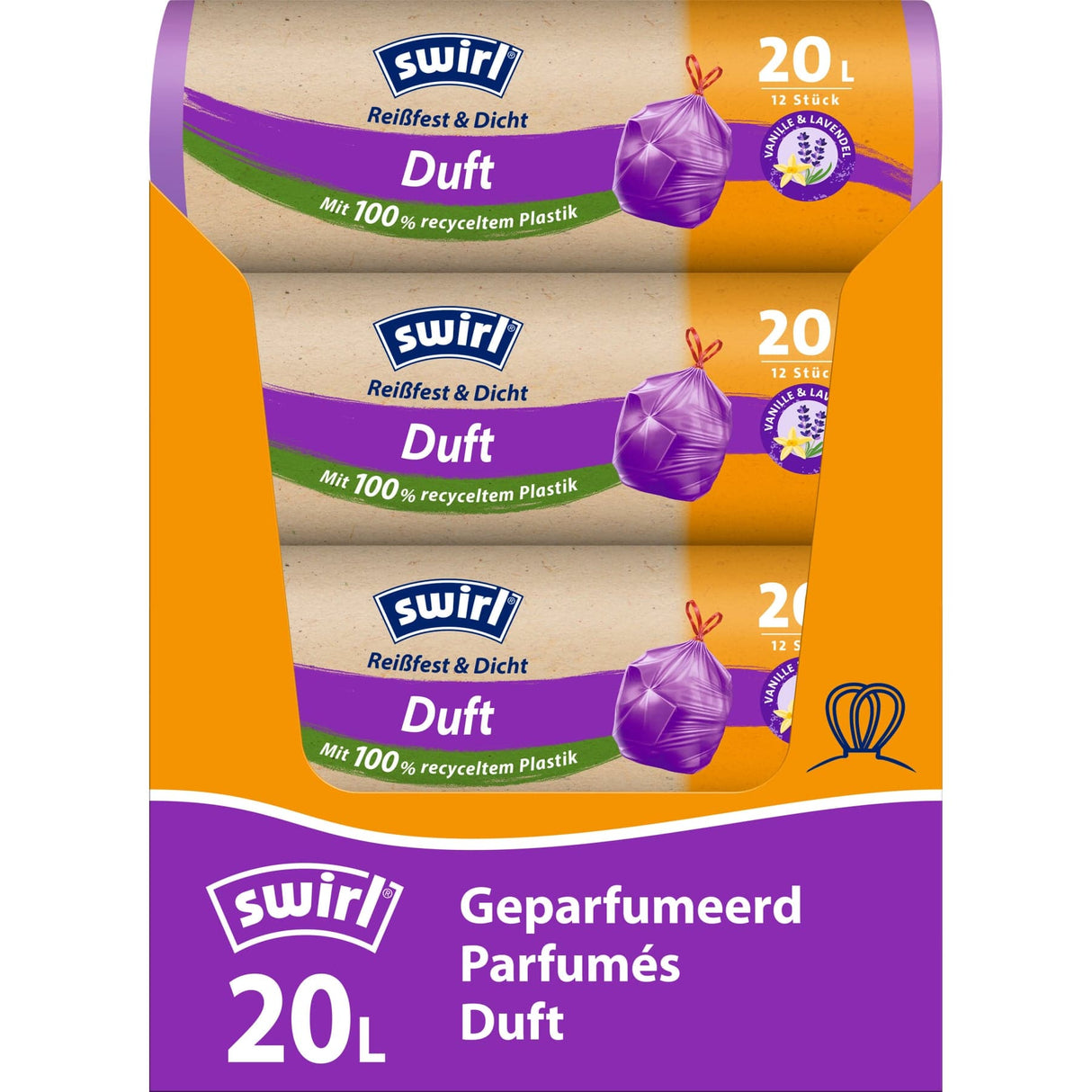 Swirl®  Duft - Müllbeutel Reißfest, Vanille-Lavendel, 20 Liter 1 Karton = 12 Rollen à 12 Beutel