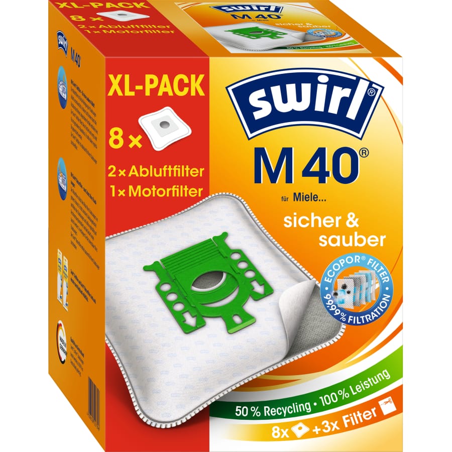 Swirl® M 40 EcoPor® Staubsaugerbeutel Vorteilspack für Miele 8 Beutel, 2 Abluftfilter, 1 Motorfilter