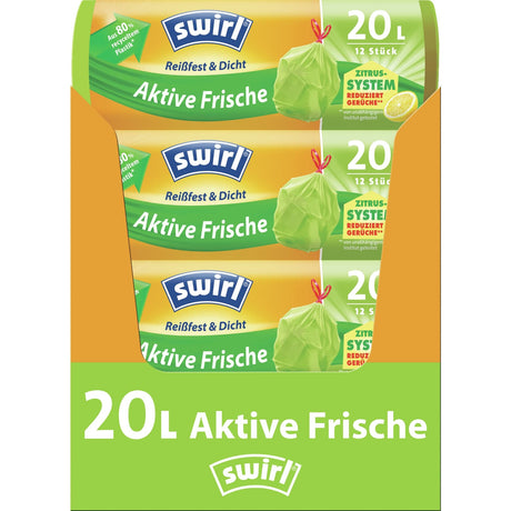 Swirl® Müllbeutel Reißfest, Aktive Frische, 20 Liter 1 Karton = 12 Rollen á 12 Beutel